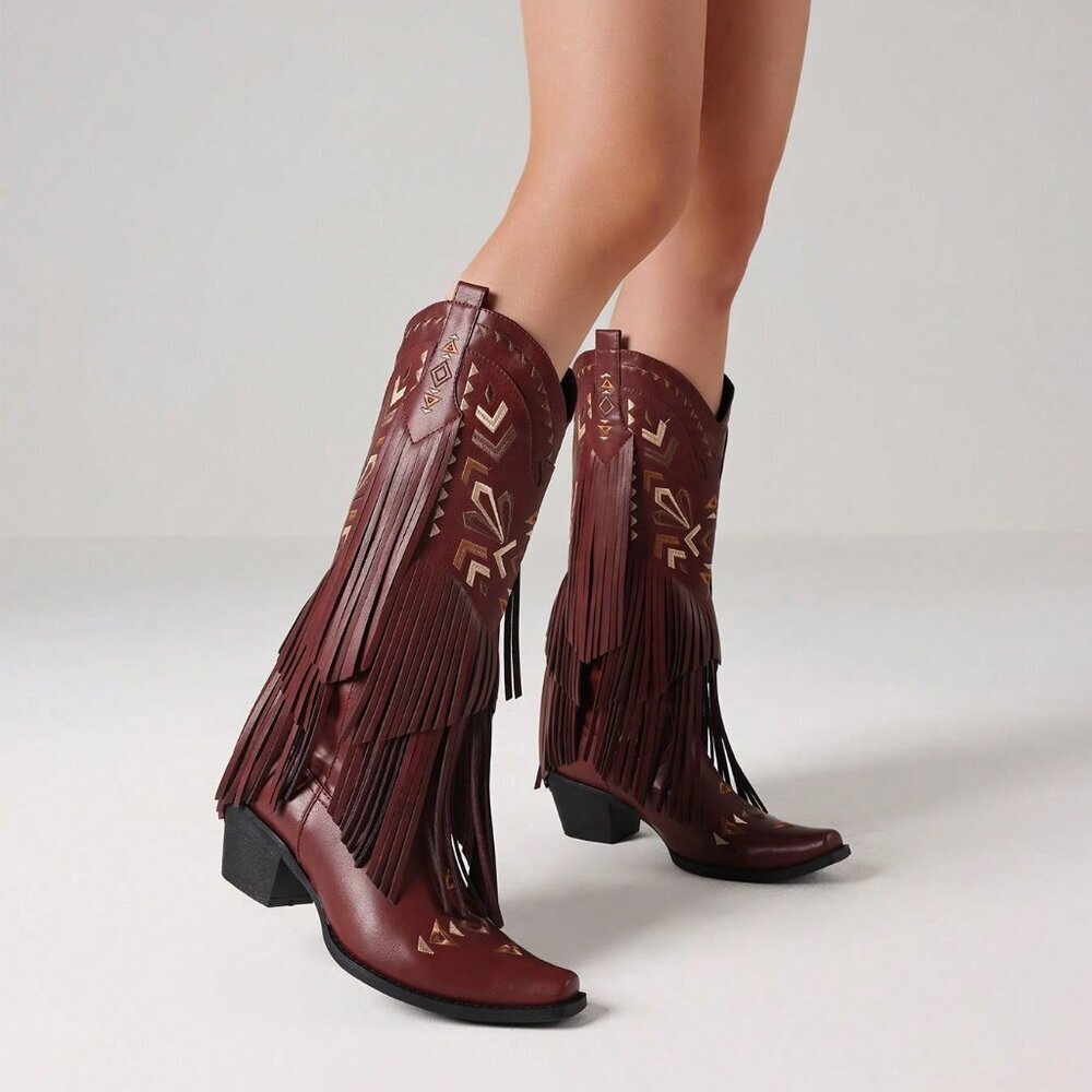 Burgundy Bohemian Women's Cowgirl Western Boots Fringe Tassel Chunky High Heels - Picture 3 of 6
